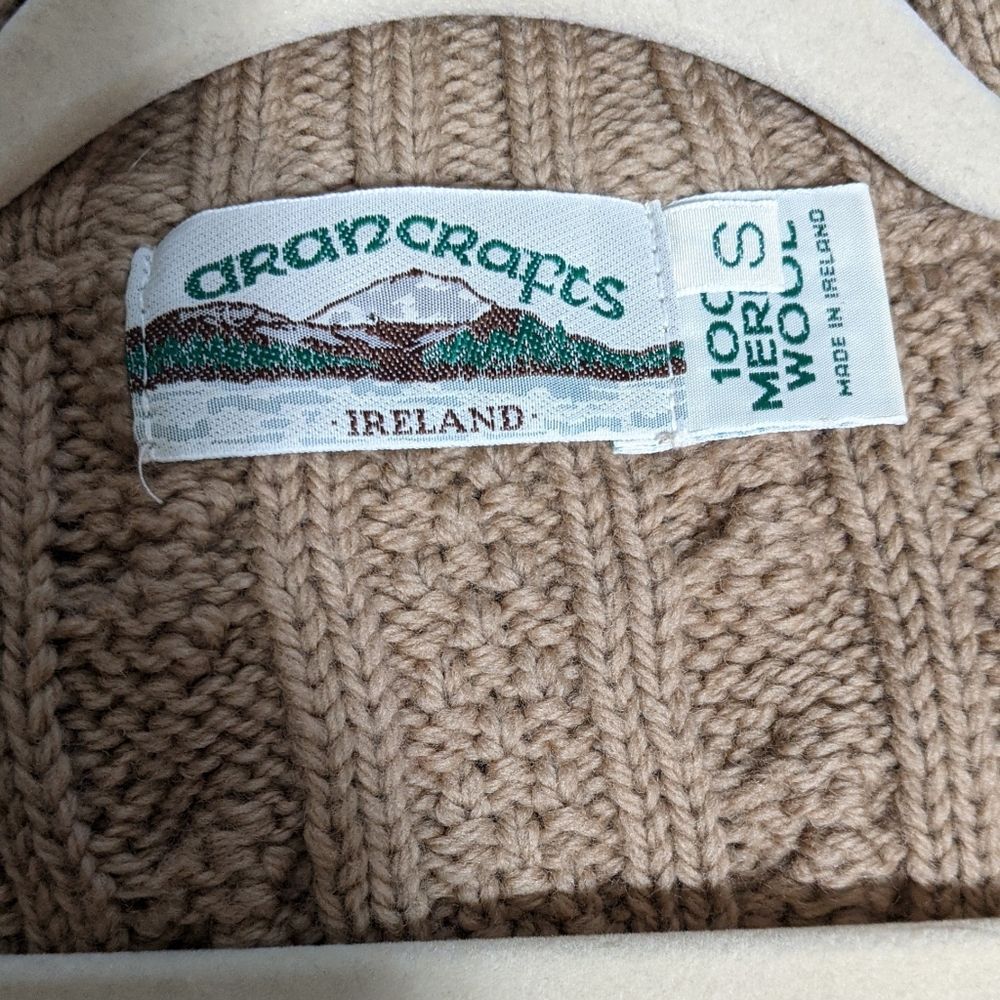 Aran Crafts Ireland merino wool tan zip close cardigan fisherman cable knit S - Picture 4 of 9